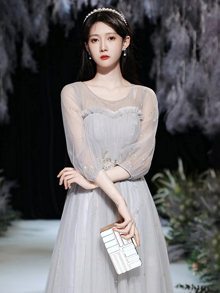 2025 Grey sister group bridesmaid clothes long and thin  new host evening dress women can usually wear bridesmaid clothes - Deanwangkt