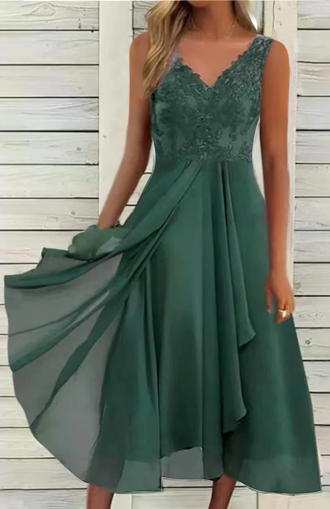 DEANWANGKT European Cross-Border  Dress Chiffon Stitching Lace Hollow out Female Dress Bridesmaid Evening Dress Sleeveless - Deanwangkt