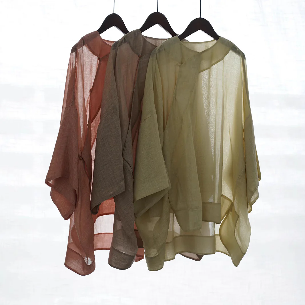 Original spring and summer retro ramie fried color old diagonal ramie shirt, national style wide-sleeved sunshade top S25078 - Deanwangkt