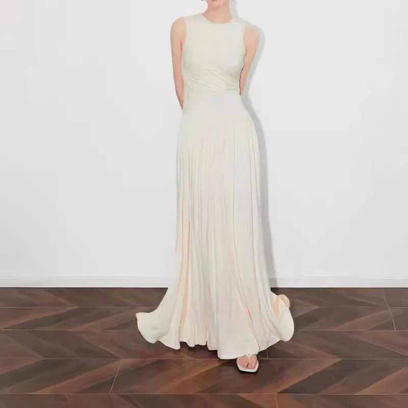 2025 popular summer new knitted thin round neck splicing sleeveless long dress women's versatile thin Muse skirt - Deanwangkt