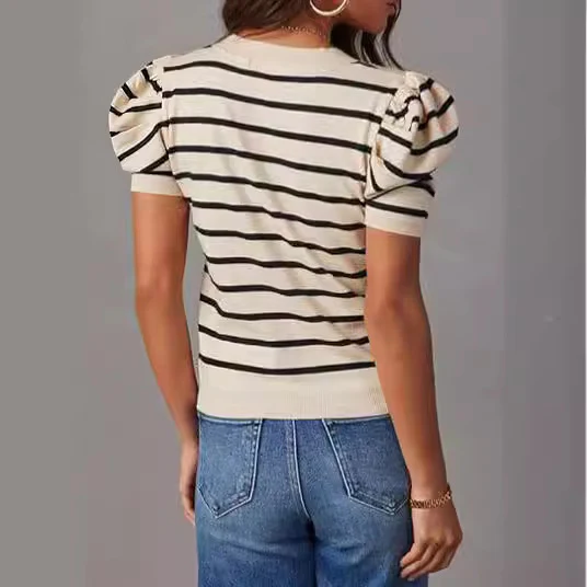 DEANWANGKT  Spring and Summer New Women's Clothing European and American Style Striped Pullover round Neck Puff Sleeve T-shirt - Deanwangkt