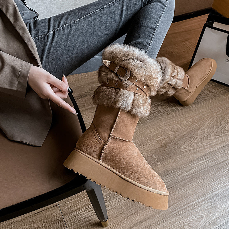 2025  Northeast snow boots women's winter velvet thickened popular new thick-soled medium tube cotton shoes fashionable versatile fluffy boots - Deanwangkt