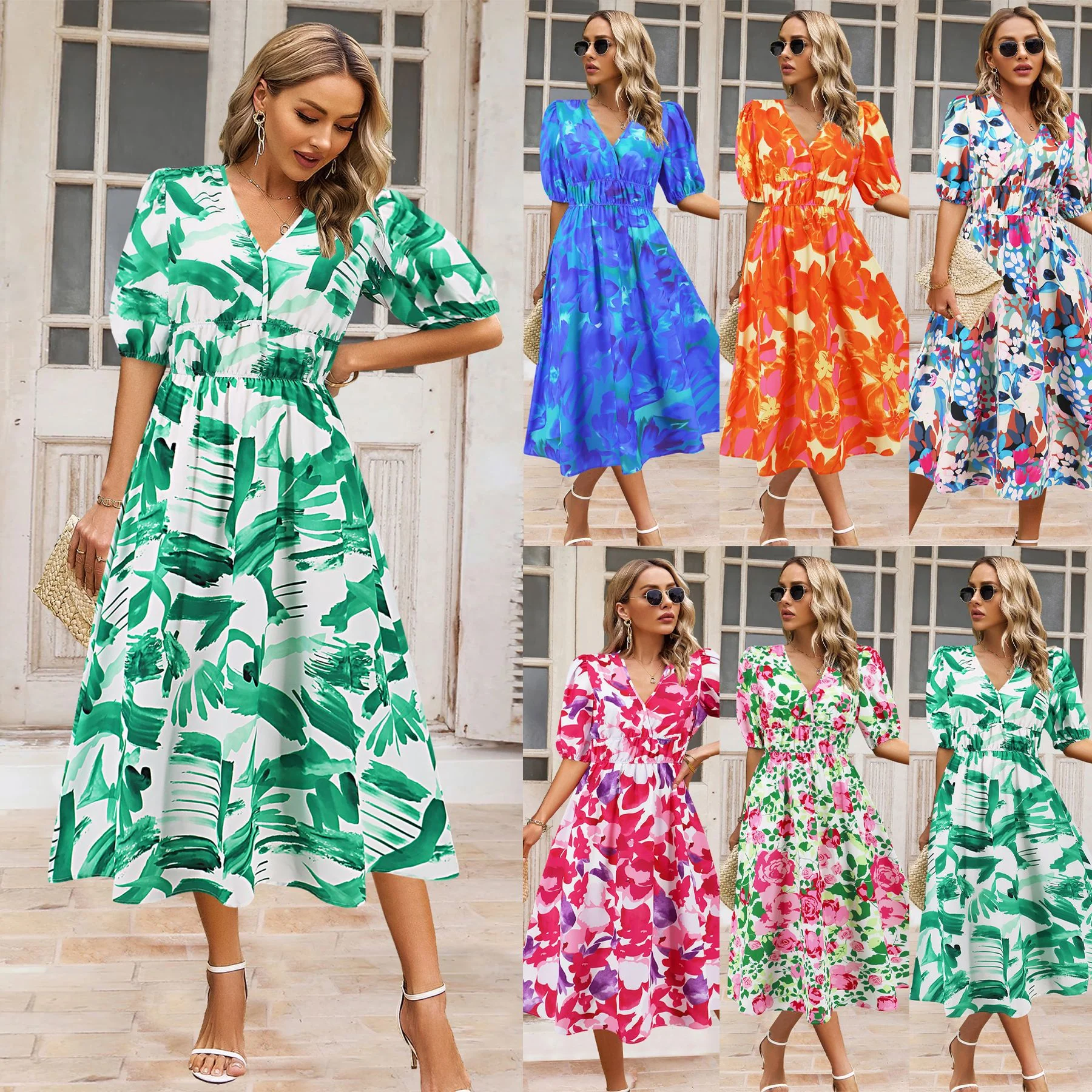 DEANWAQNGKT  European and American Foreign Trade Summer Women's V-neck Bohemian Printing Dress A- line Skirt Cross-Border  Temu Hot Sale - Deanwangkt