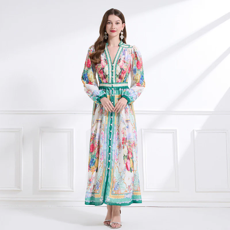 Popularan retro design print sexy deep V-neck breasted slim-fitting long bubble sleeve dress temperament dress - Deanwangkt