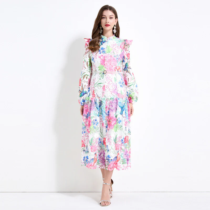 style light luxury celebrity print dress women's summer bubble sleeve hook flower hollow design waist temperament long dress - Deanwangkt