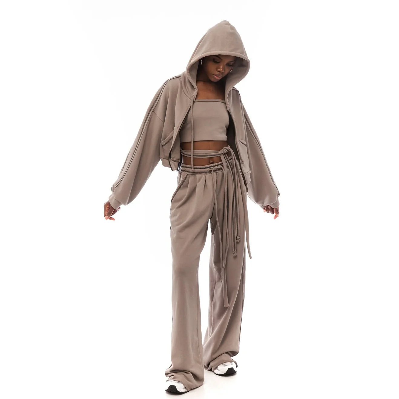 n hooded short jacket strappy tube top drawstring straight trousers sports suit casual sweater three-piece high street - Deanwangkt