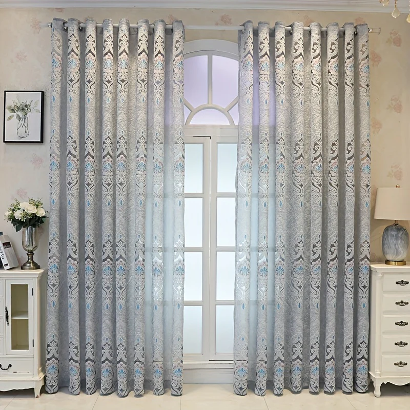 1pc Exquisite Grey and Blue Jacquard Embroidered Window Sheer Curtain - Adds Elegance to Living Room, Bedroom, Balcony with Soft Filtered Light, Privacy Protection, and Easy Installation - Perfect Home Decor for Windows - Deanwangkt