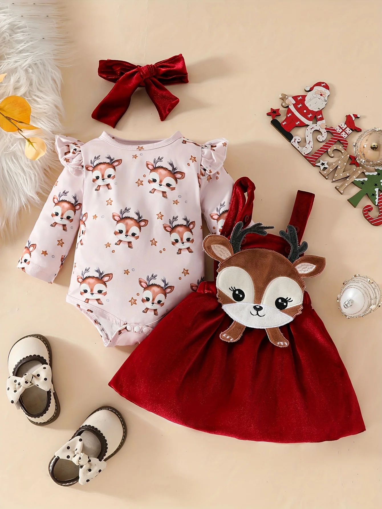 2-piece Elk Patchwork Christmas Toddler & Infant Girl's Adorable Suspender Overall Skirt + Hairband + Ruffled Long Sleeve Bodysuit Outdoor Set - Deanwangkt