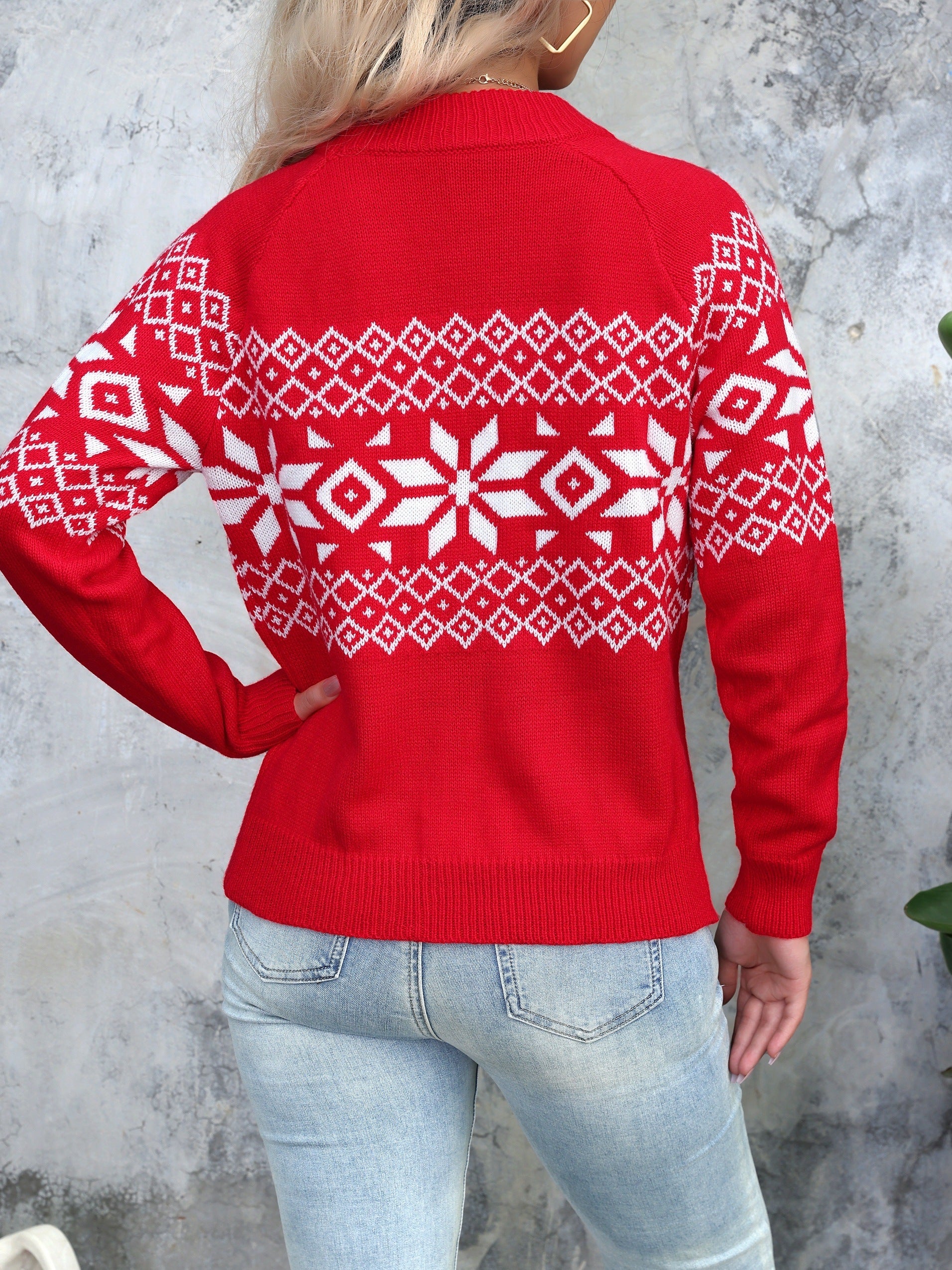 Elegant Geometric Pattern Crew Neck Sweater - Soft, Stretchy, Long Sleeve Knit Top with Raglan Design for Fall and Winter - Perfect for Christmas Parties and Casual Occasions - Deanwangkt