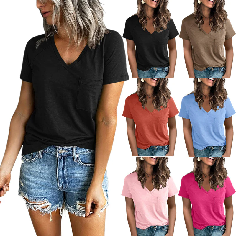 DEANWANGKT  Spring/Summer  Cross Border New Women's Fashion Pocket V-neck Split Raglan Short-Sleeved Top T-shirt Women's Clothing - Deanwangkt