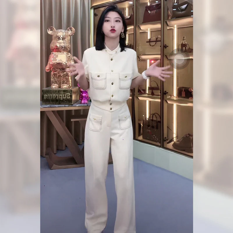 DEANWANGKT  Summer High-Grade Classic Style Graceful and Fashionable Western Style Small Shirt Top Casual Trousers Two-Piece Suit for Women - Deanwangkt