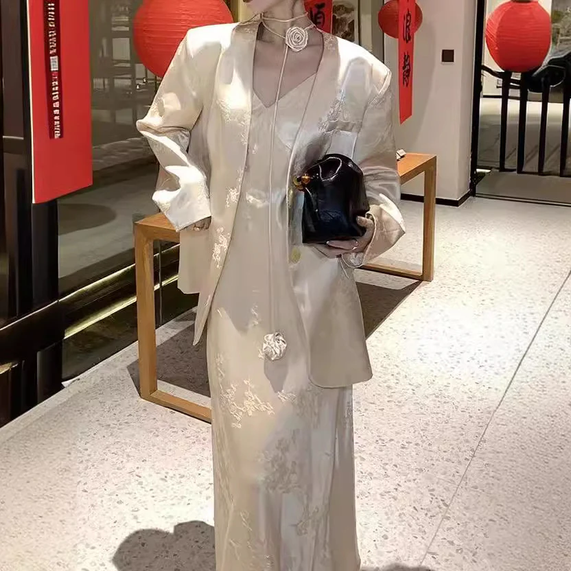 2025 Spot popular Women's New Chinese Jacquard Satin Suit Suit Women's Premium Temperament Suspender Dress Two-piece Set - Deanwangkt