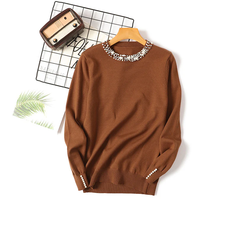 DEANWANGKT Korean version of the new autumn and winter beaded pullover sweater women's round neck long-sleeved knitted sweater loose and thin temperament bottoming shirt women - Deanwangkt