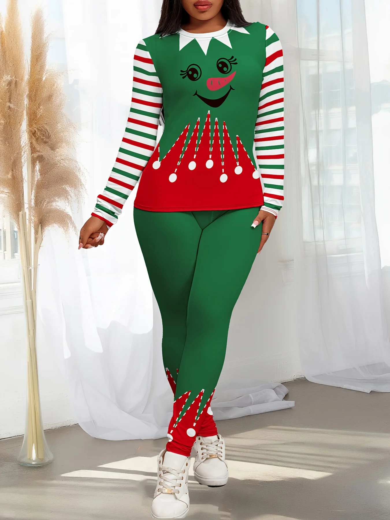 Women's Festive Christmas Print Two-Piece Set - Long Sleeve Crew Neck Tee & Stretchy Leggings, Machine Washable - Deanwangkt