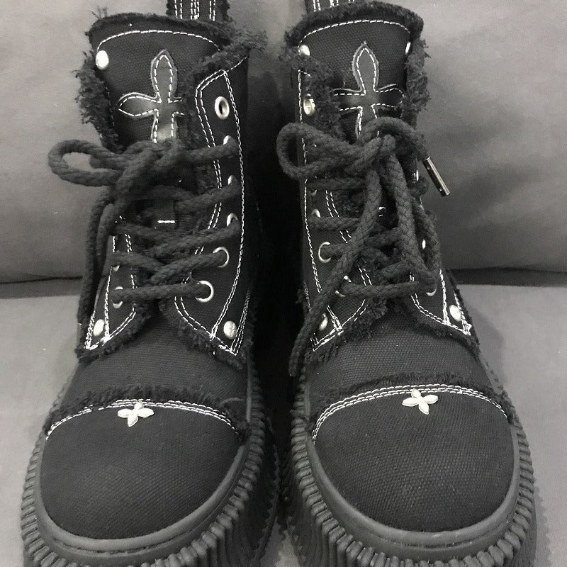 SK Black Biscuit Wilderness Wind Boots Washed Wheat Cowhide Canvas Cover Mid-Calf Martin Boots Cruciate Flower Shoes - Deanwangkt