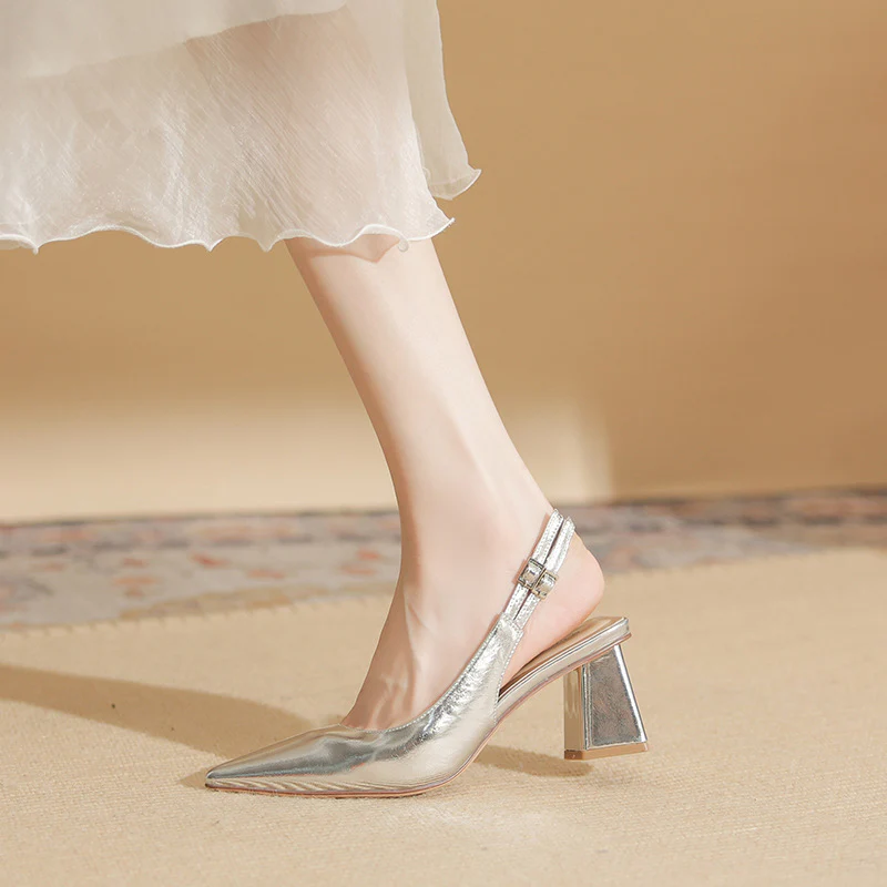 DEANWANGKT  61208 [Sheepskin] Pointed High Heel Shoes Women's Chunky Heel  Summer New Word Strap Closed Toe Sandals - Deanwangkt