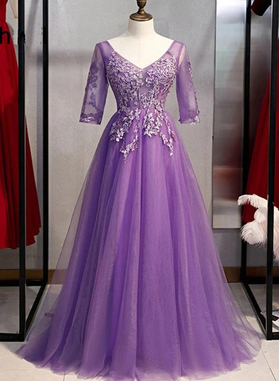Solvbao Purple  V Neck Tulle Long Party Dress with Sleeves, Prom Dress - Deanwangkt