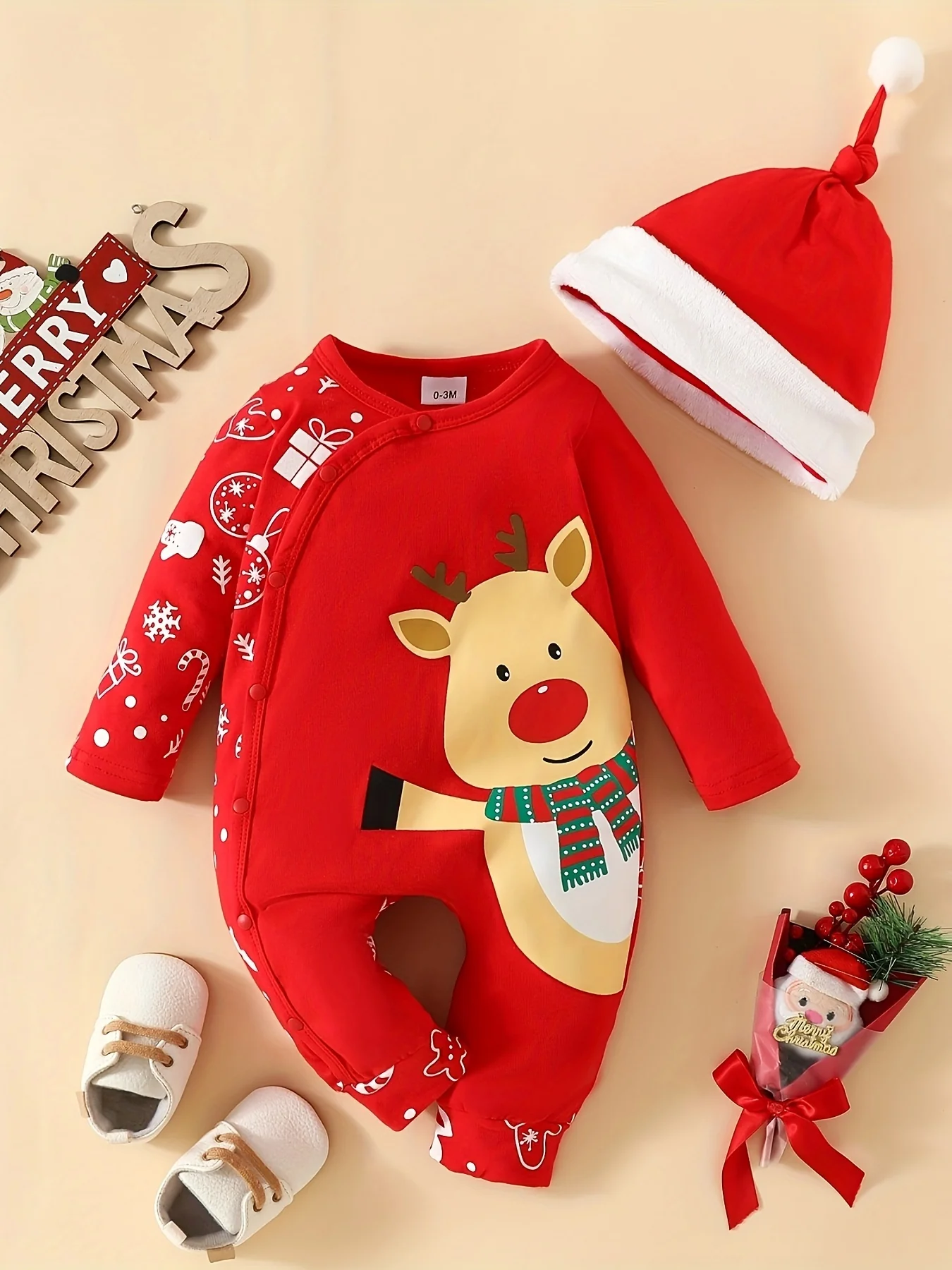 2pcs Baby Deep Red Christmas Cute Deer Print Gift Long Sleeve Bodysuit + Furry Hat 0-1 Years Old Girls Christmas Costume Clothes Behind Winter Snowflake Print Love Gifts From Mom Dad For Kids, Suitable For Indoor And Outdoor Wear - Deanwangkt