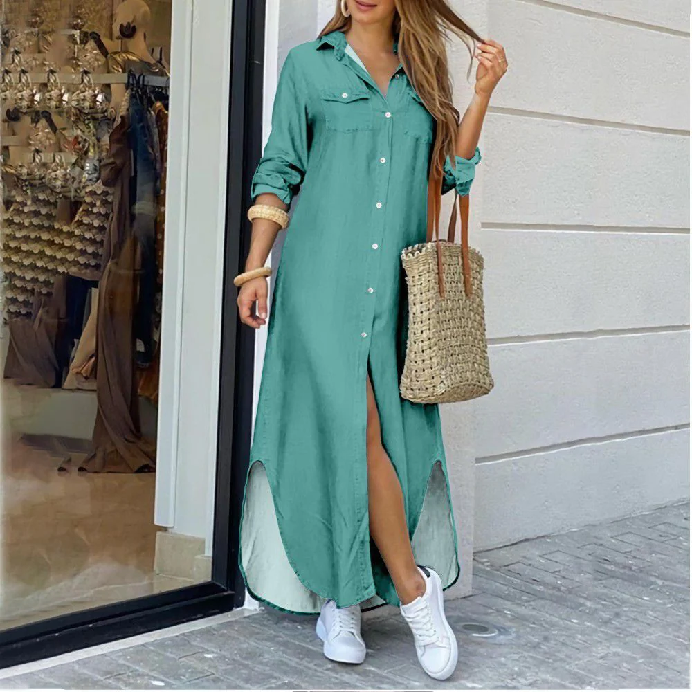 DEANWANGKT Cross-Border Women's Clothing  EBay New European and American Fall Winter Fashion Sexy Shirt Maxi Dress Women - Deanwangkt