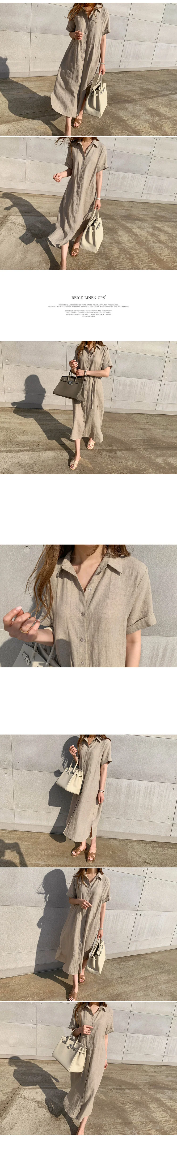 deanwangkt Korean Style Simple Loose Lace-up Waist-Tight Single-Breasted Short Sleeve Linen Shirt Dress Women's Clothing - Deanwangkt