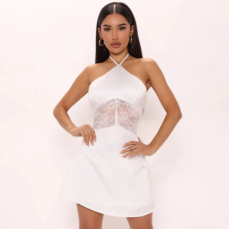 2025 H22DS164  women's clothing  autumn new fashionable neck strap lace splicing sexy dress - Deanwangkt