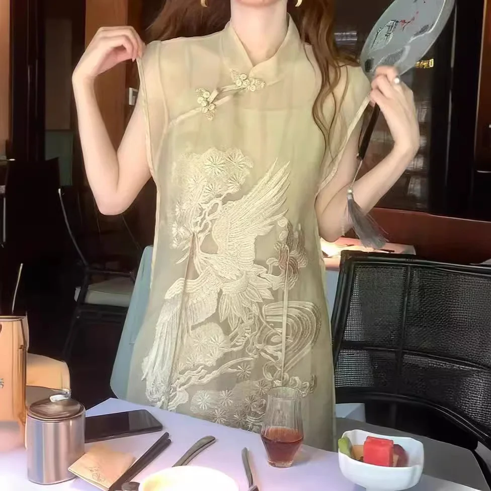 2025 Spot new Chinese style national style top women's popular summer new heavy industry embroidered buckle organza silk shirt - Deanwangkt