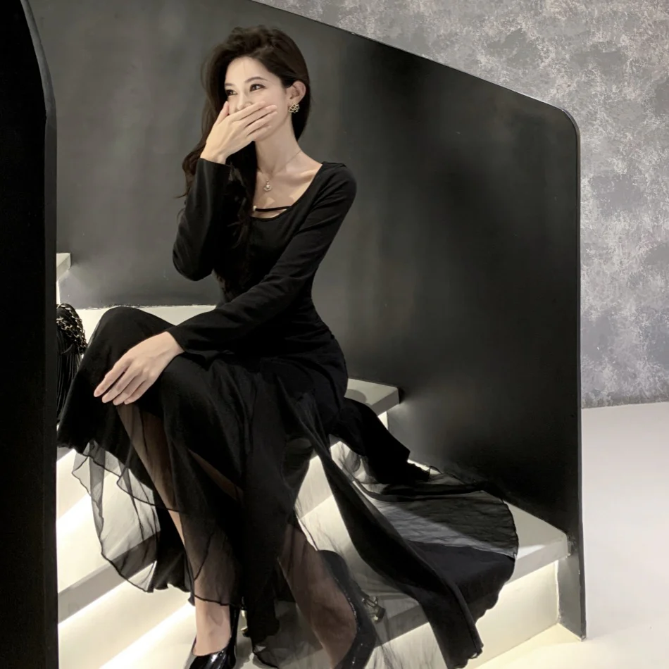 2025 high-end retro little black dress suspender sexy dress high-end seaside vacation halter dress long dress - Deanwangkt