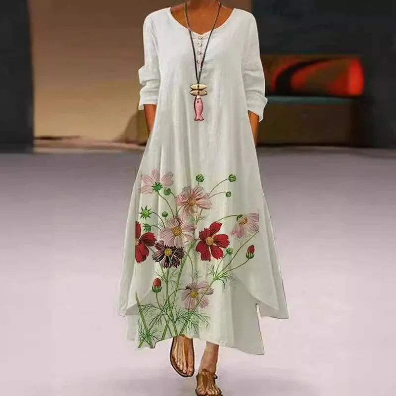 DEANWANGKT Independent Station Wish  Popular New Pattern Print Long Sleeve Dress Women's Hem Irregular Long Dress in Stock - Deanwangkt