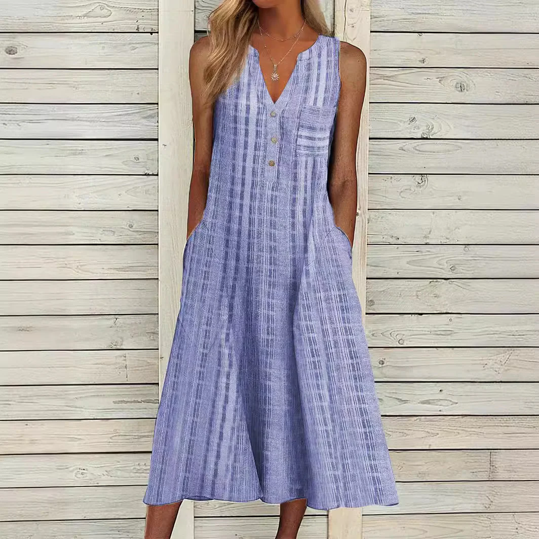 DEANWANGKT Summer New Dress Wish Independent Stand Fashion Pocket V-neck Sleeveless Striped Dress - Deanwangkt