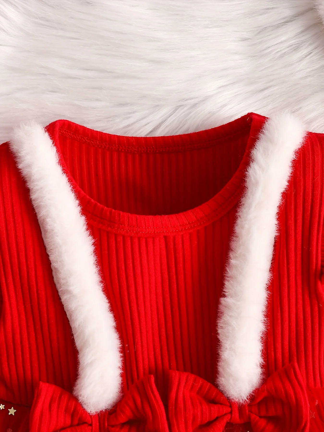 Baby's Christmas Style Fuzzy Trim Ruffled Long Sleeve Romper Dress, Toddler & Infant Girl's Onesie For Winter Festival Party & Outdoor Play - Deanwangkt