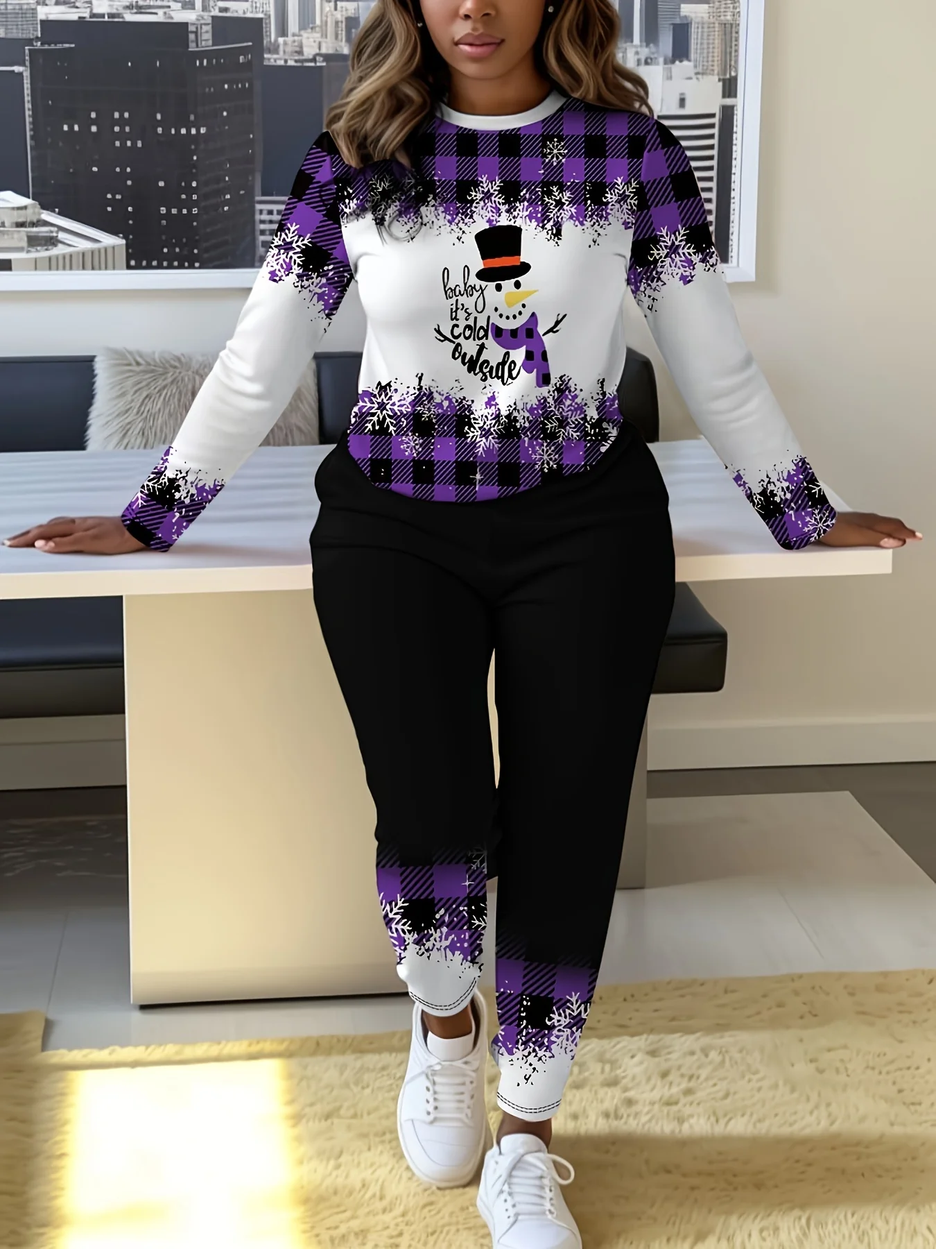 Women's Casual Suit, Christmas Snowman Print, Pants with Pockets - Deanwangkt