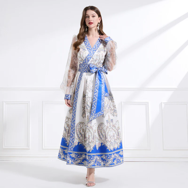 retro court style printed dress for women's design, waist strap V-neck lantern long-sleeved knee dress - Deanwangkt