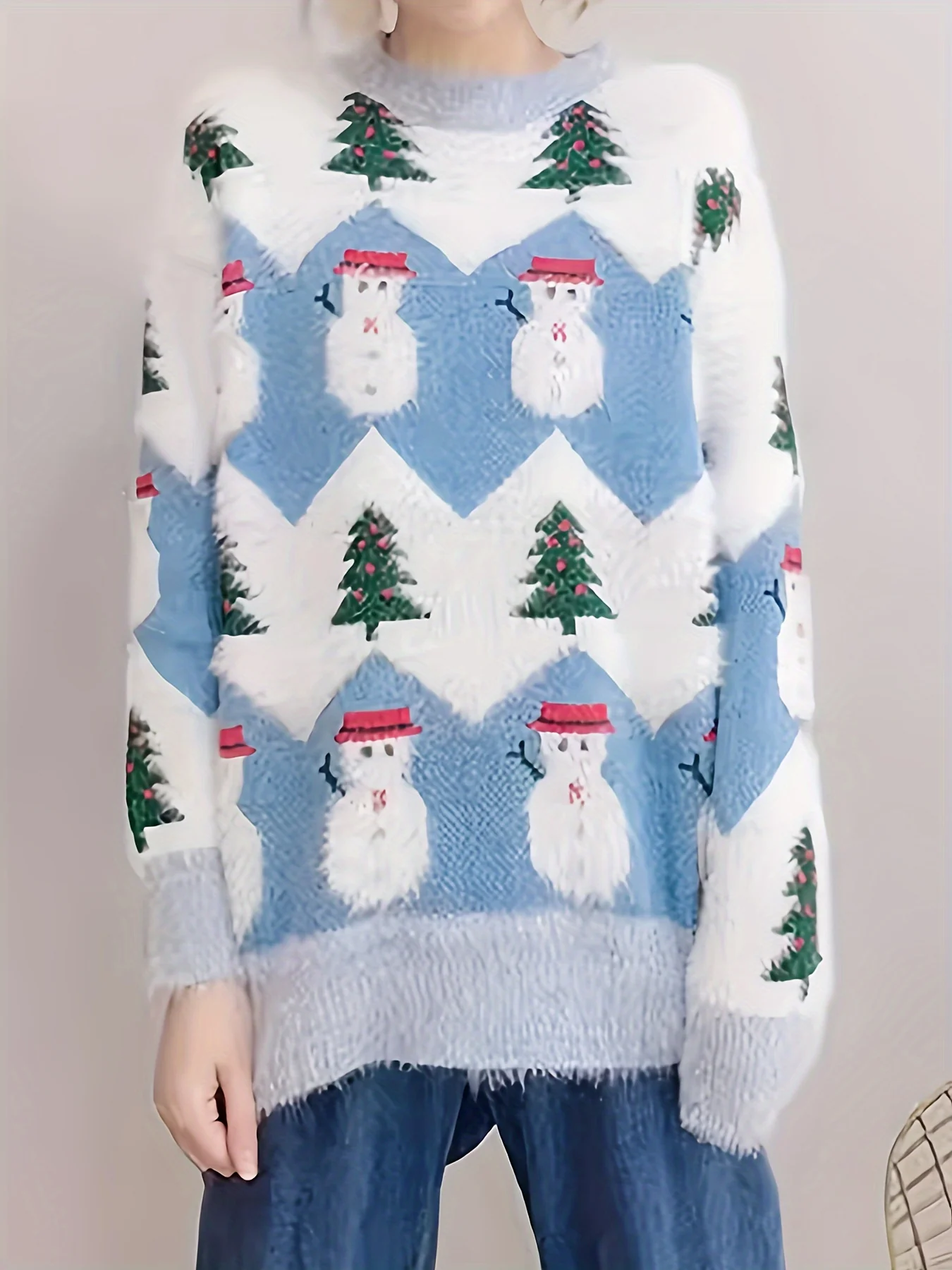Women's Christmas Sweater, Polyester Knit Pullover, Round Neck, Festive Holiday Pattern, Autumn/Winter Fashion, Cozy Warm Sweatshirt for Ladies - Deanwangkt