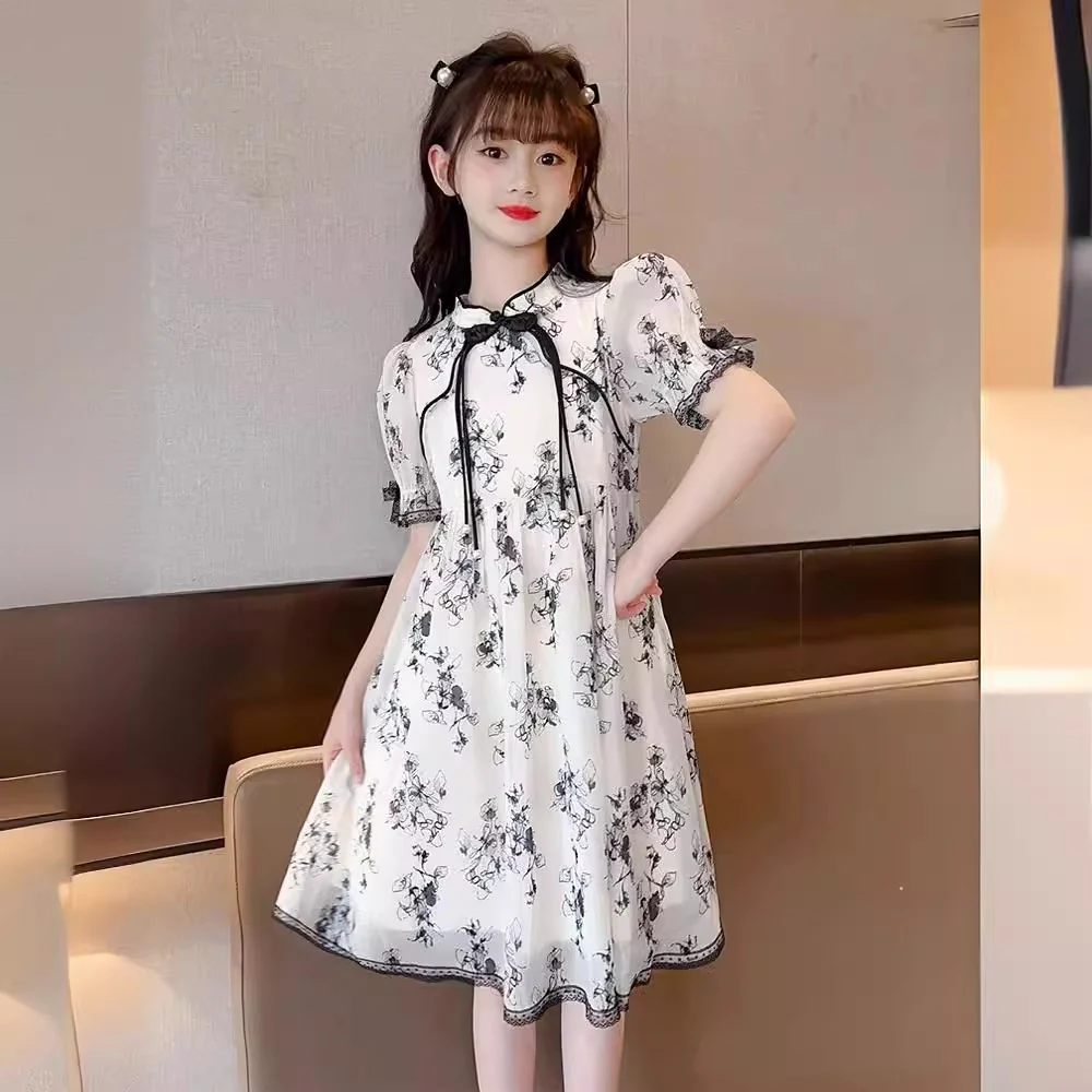 Children's Cheongsam Dress for Girls Dress Summer  New Big Children and Girls Fashionable Short Sleeve Chinese Ink Style Summer - Deanwangkt