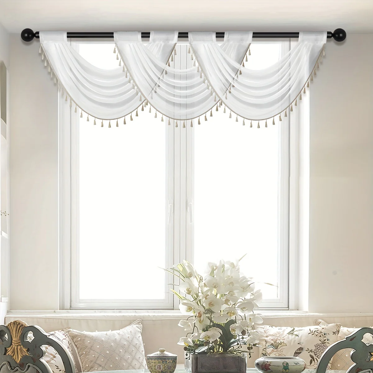 1pc Fashionable Sheer Wave Curtain Valance With Tassels Edge - Light-Transmitting, Rod Pocket, Perfect For Living Room, Bedroom, And Kitchen - 30x24 Inches - Deanwangkt