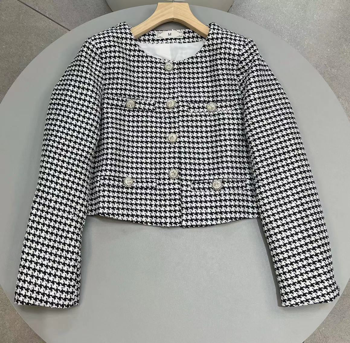 2025 Spot thousand bird grid sequined short top baby same jacket small fragrant wind diamond buckle embroidered small blazer - Deanwangkt