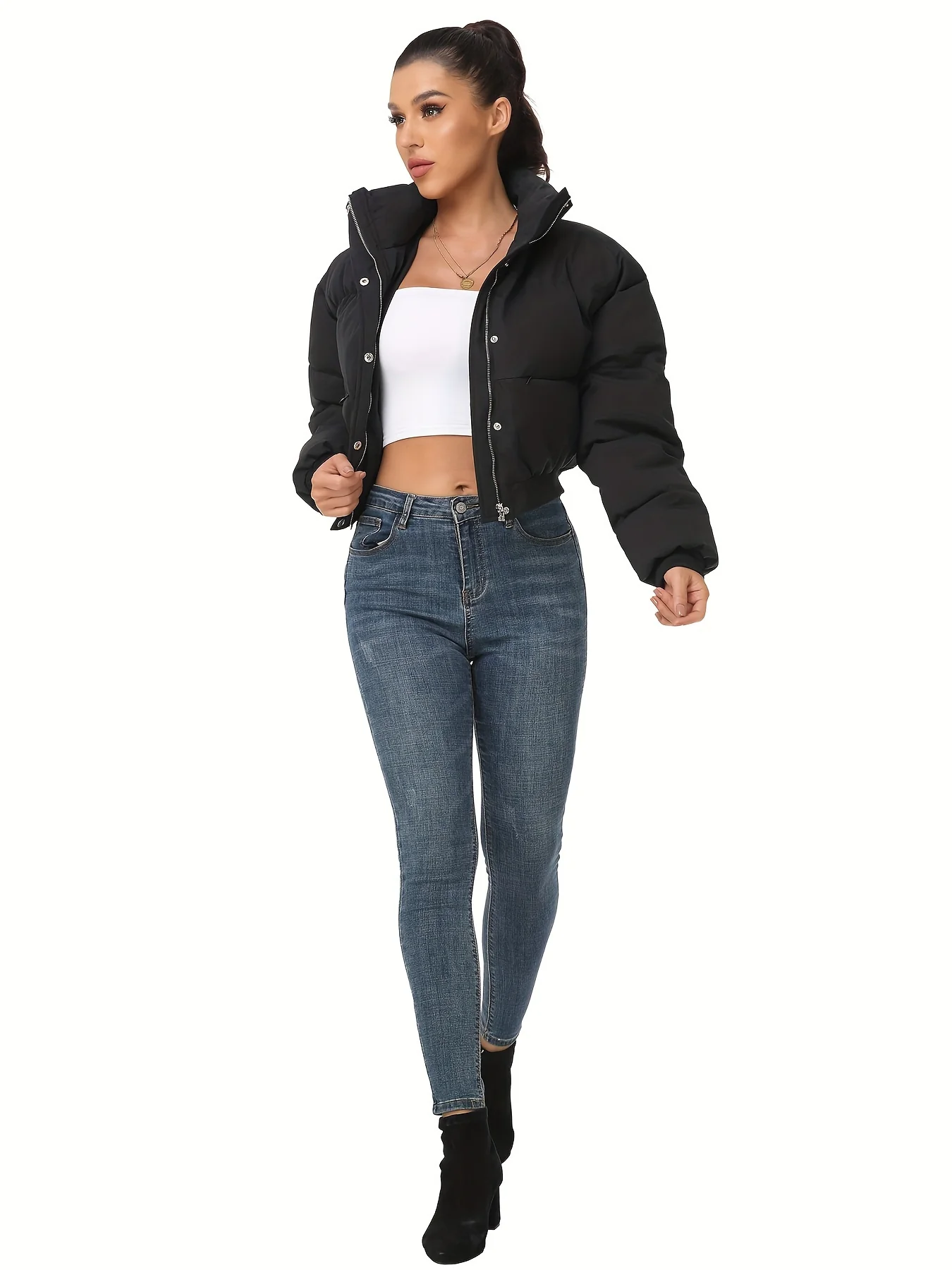 Button Front Cropped Puffer Coat, Casual Stand Collar Long Sleeve Warm Winter Outerwear, Women's Clothing - Deanwangkt