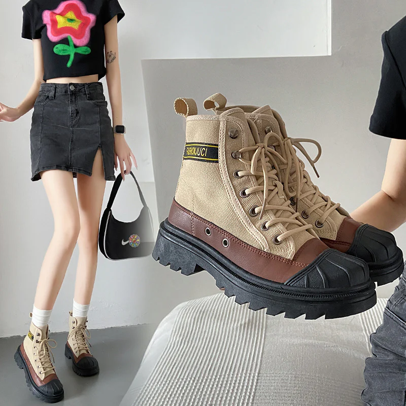 Spring New Martin Boots Korean Style All-Matching Motorcycle Boots Ins Fashionable Platform Canvas Casual School Boots Jcd01 - Deanwangkt