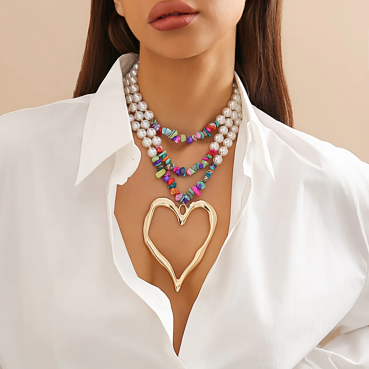 1pc Multilayer Exaggerated Holiday Style Imitation Pearl Peach Heart Charm Necklace Colorful Pine Stone CCB Necklace Charm Multilayer Necklace Gift - Deanwangkt