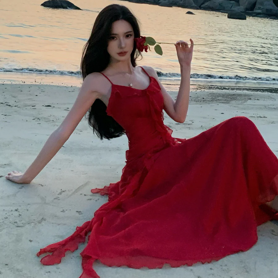 2025 vacation style retro suspender dress red engagement dress dress waist thin ruffle edge beach dress - Deanwangkt