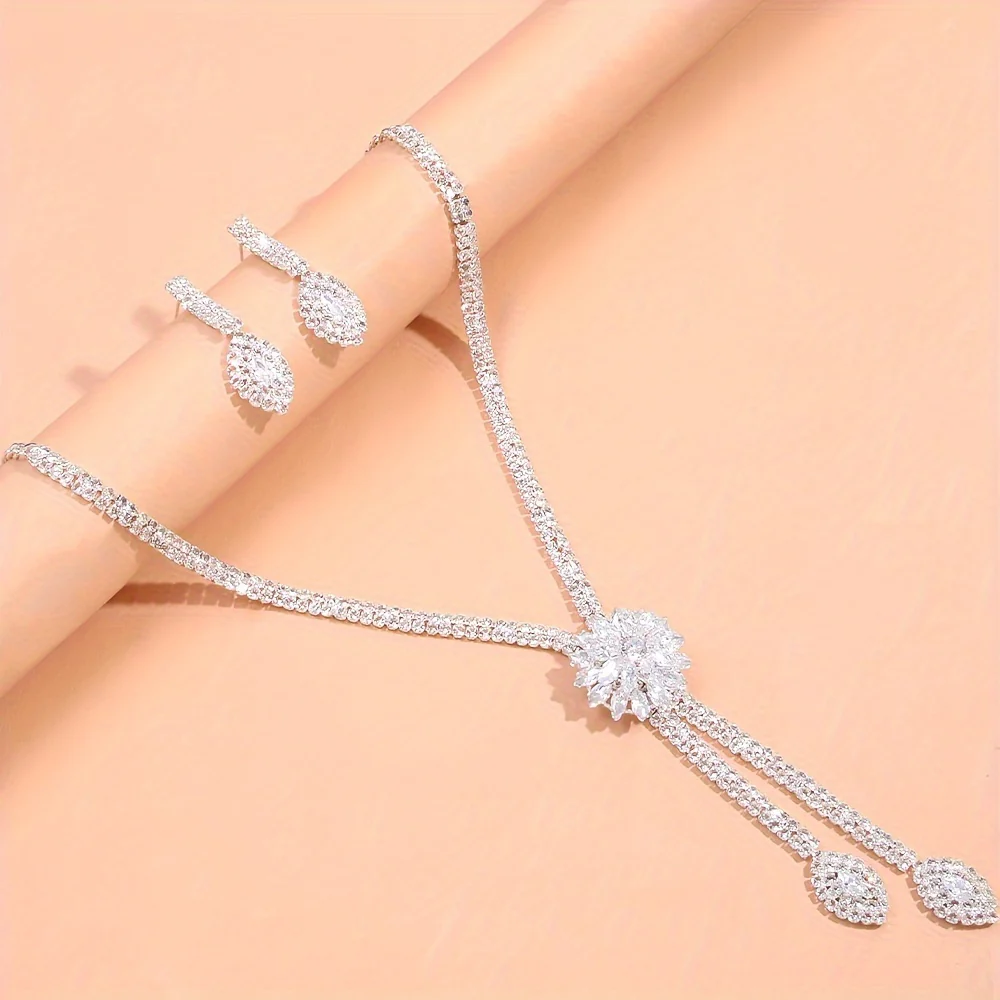 3-Piece Bridal Jewelry Set, Elegant CZ Flower Design, Luxury Wedding Necklace And Earrings Set, Luxury Style, Fashion Accessories For Bridal & Special Occasions Gifts For Eid - Deanwangkt