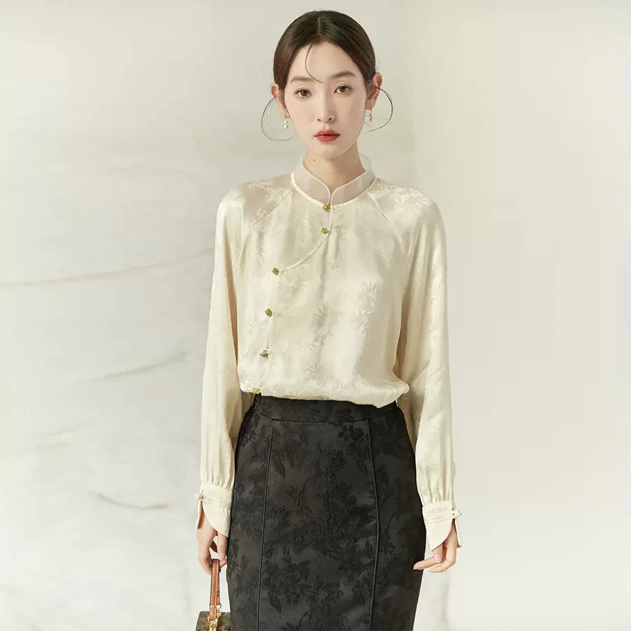 New Chinese suit, white retro stand-up collar horse skirt top, women's simple short shirt B0140 skirt suit - Deanwangkt