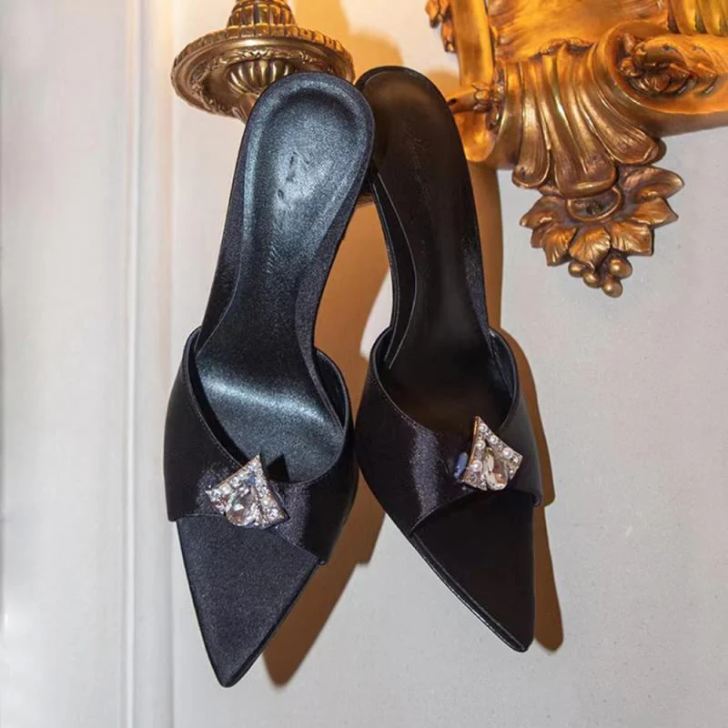 DEANWANGKT  35-42 plus Size Pointed High Heel Sandals for Women  Summer New Satin Rhinestone Fairy Style Stiletto Heel - Deanwangkt