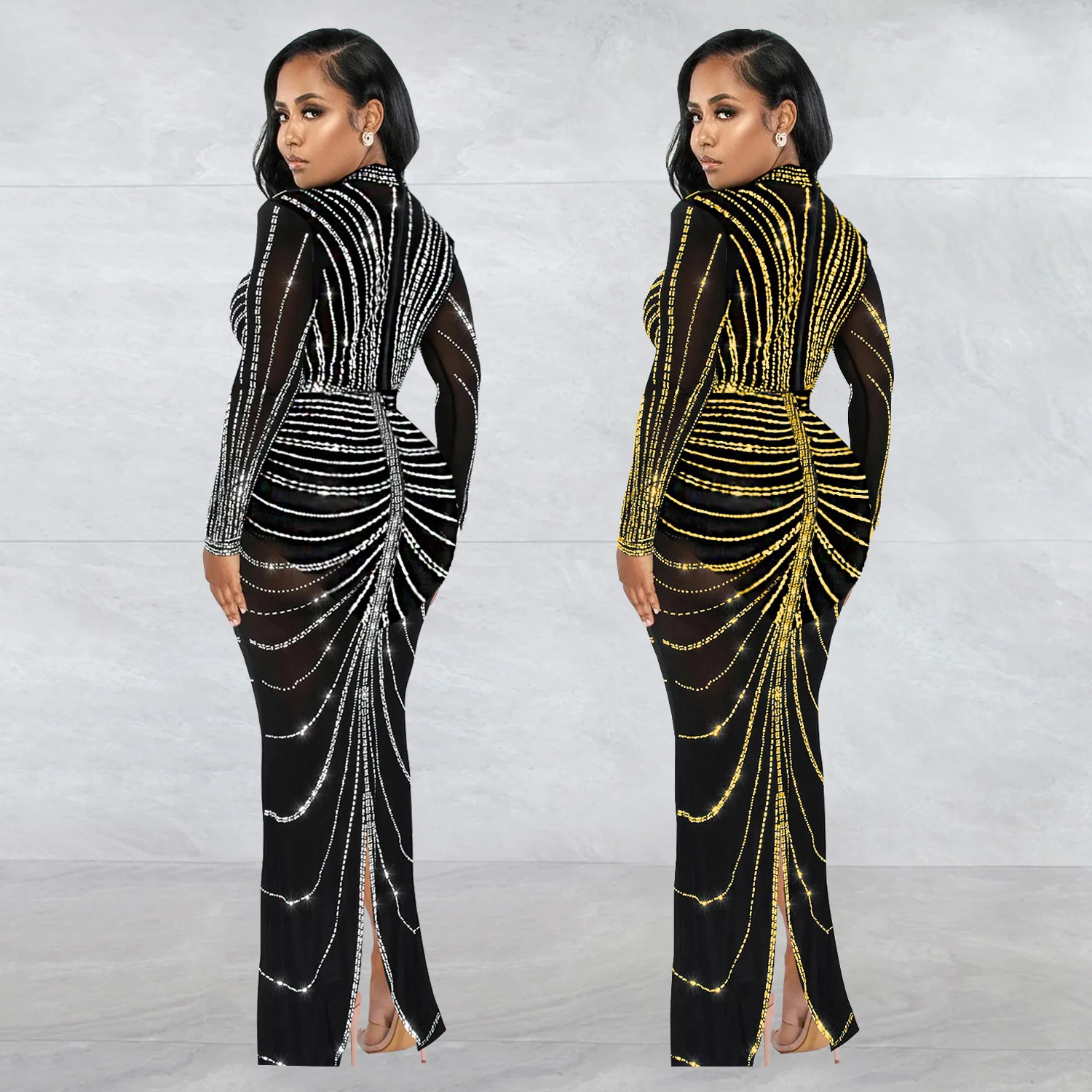 2025 C7141    Popular and  Fashion Women's Clothing Sexy Long Sleeve Rear Split Hot Diamond Dress New - Deanwangkt