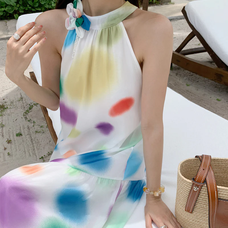 2025 Dopamine color polka dot sleeveless neck dress women's summer new vacation style loose and thin beautiful long dress - Deanwangkt