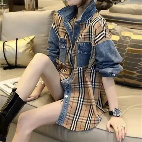 Autumn womens shirts designer blouse fashion plaid Splicing denim jacket long-sleeved shirts cardigan coat plus size - Deanwangkt