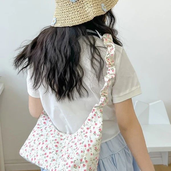 DEANWANGKT 2025 ins sweet broken flower canvas bag literary and cute underarm bag women's bag drawstring shoulder bag crossbody bag small bag - Deanwangkt