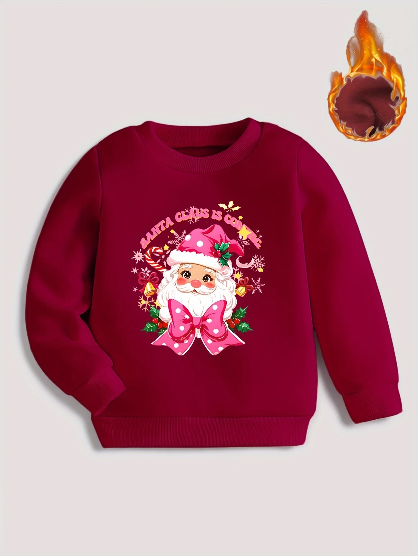 Girls' Festive Santa Claus Print Sweatshirt - Cozy Polyester, Round Neck Pullover for Fall/Winter - Deanwangkt