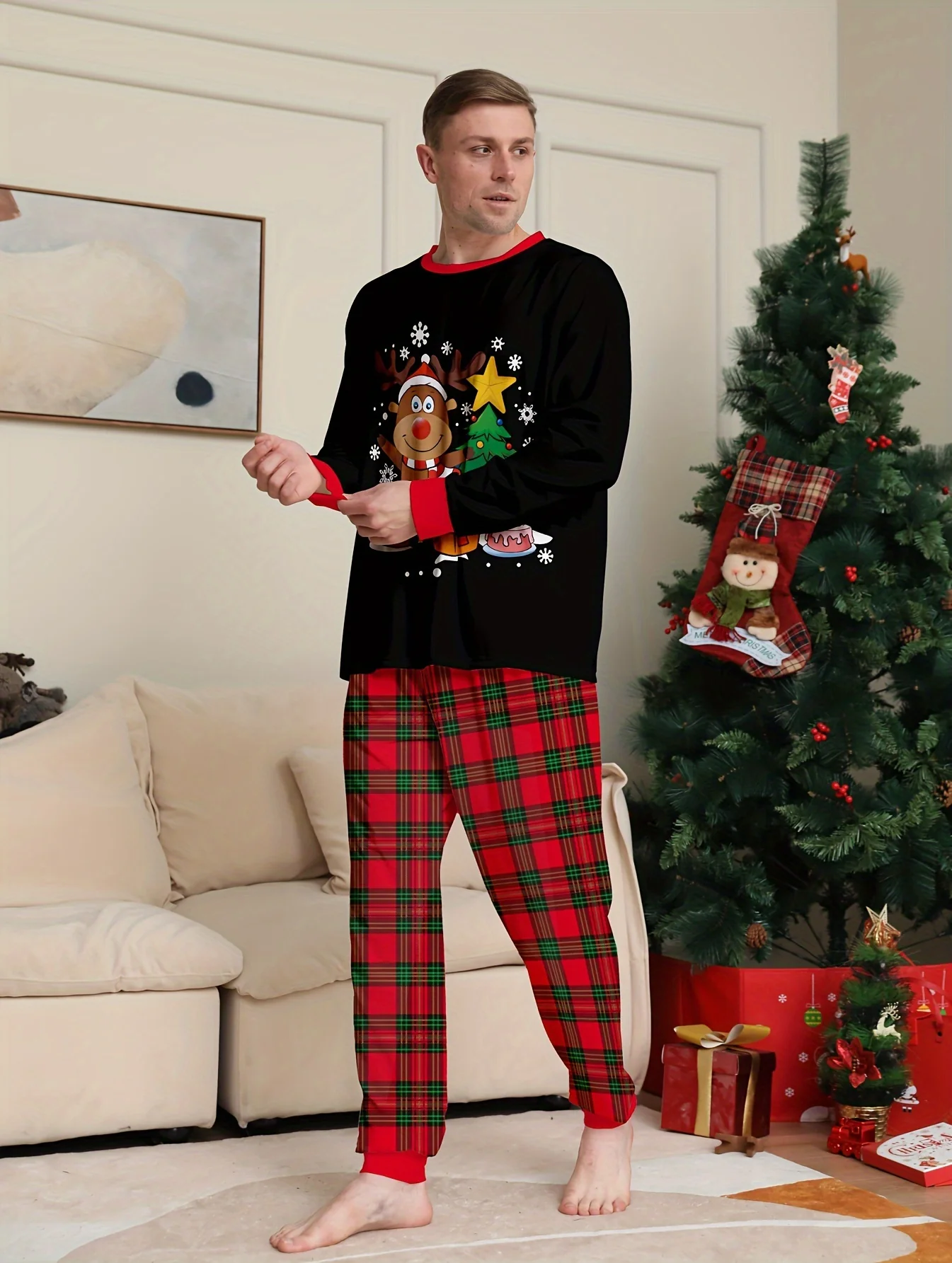 Men's Trendy Casual Christmas Pajamas Sets, Deer Elk Christmas Tree Antler Graphic Print Long Sleeve Crew Neck Top & Loose Pants Lounge Wear - Deanwangkt