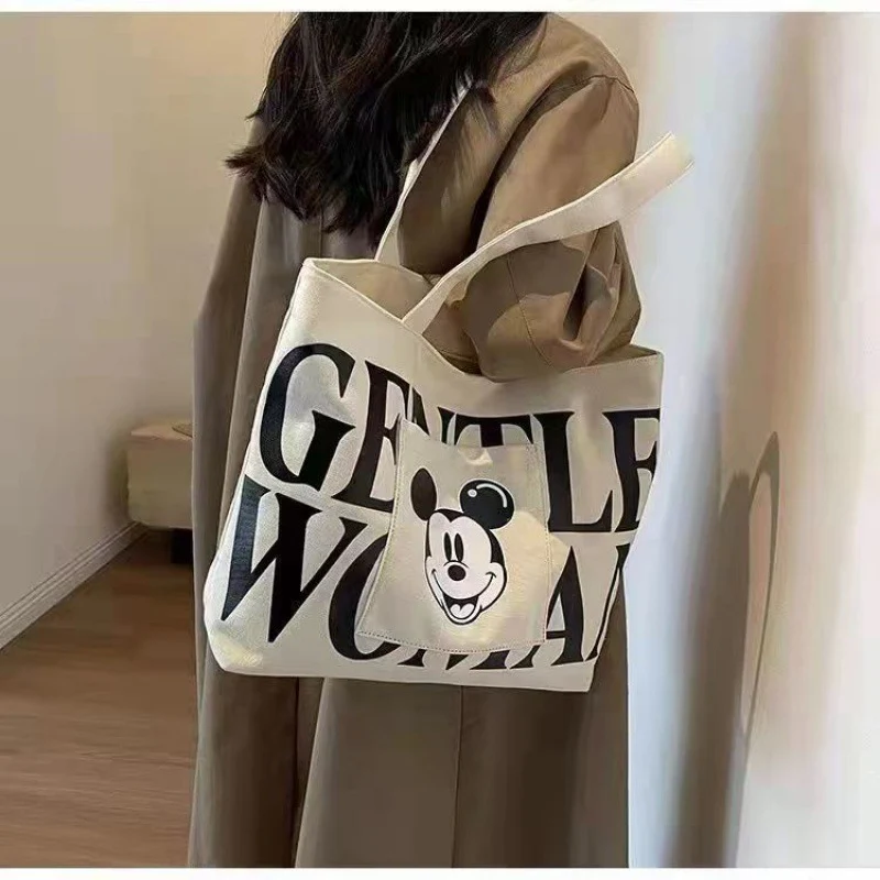 New Mickey Large Capacity Letter Canvas Bag Women's Mickey Fashion Shoulder Tote Bag Portable Shopping - Deanwangkt